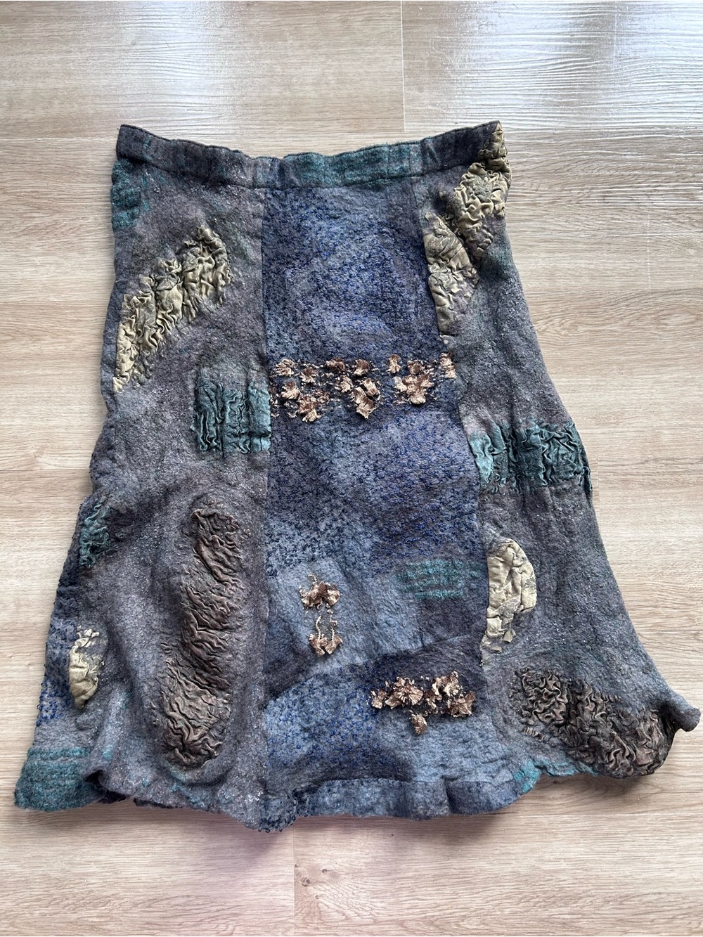 Wool Blend Patchwork Midi Skirt in Charcoal and Olive